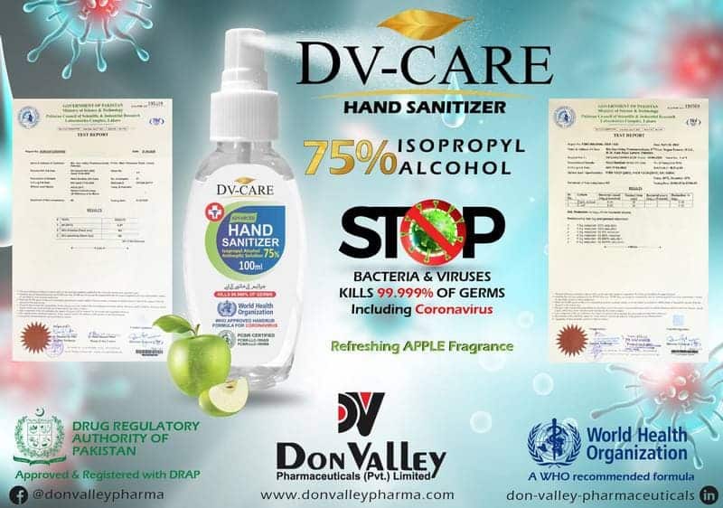 How National Companies in Pakistan such as Don Valley offer Quality Pharmaceutical Products 4 DV Care Hand Sanitisers for Covid 19 by Don Valley Pharma